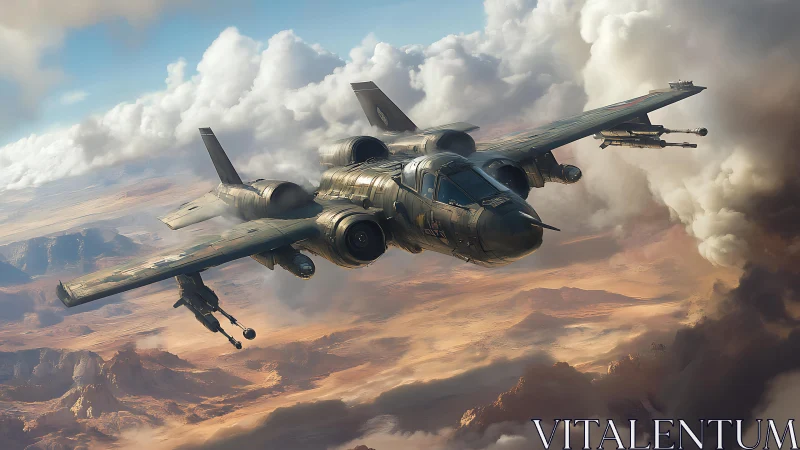 Twin-engine attack aircraft over arid canyon landscape.