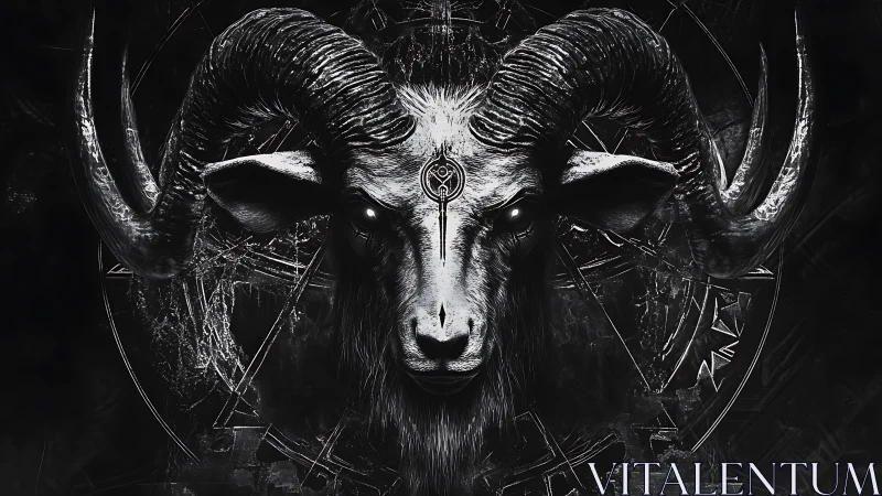 Runed ram gazes through shadow, crowned by occult geometry