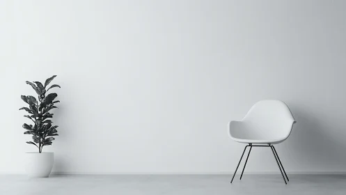 Quiet white corner where lone chair meets potted green calm.