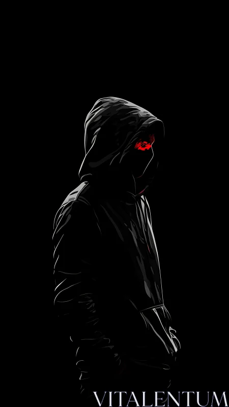 Hooded figure silhouette with red eye on black background.