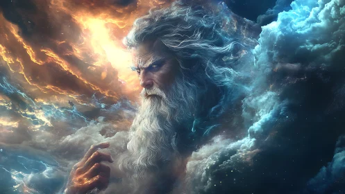 Elderly bearded figure emerges from swirling cosmic clouds