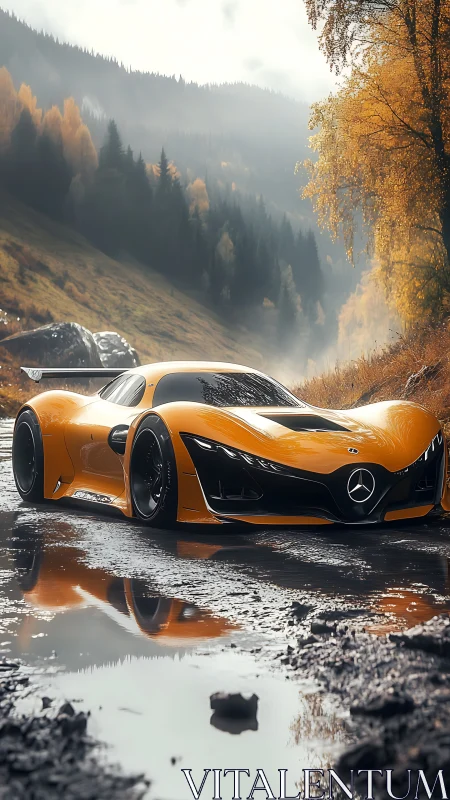 Orange Mercedes concept car on wet mountain road in autumn.