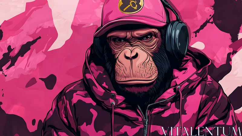Cool pink chimp leans in with streetwear style and attitude