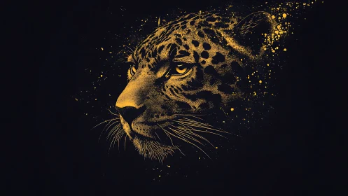 Leopard Head Portrait in Gold Dispersal Effect Against Black