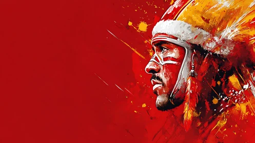 Profile warrior portrait in red with dynamic paint strokes.