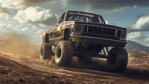 Monster truck powers through dusty desert off-road circuit.