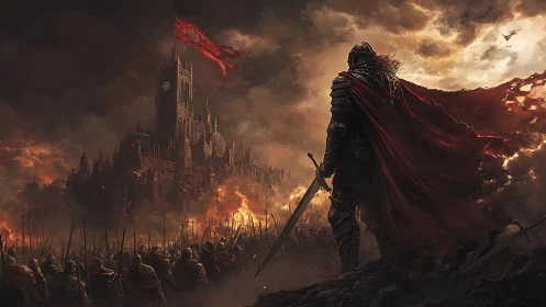 Armored warlord overlooking burning gothic fortress siege