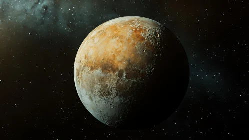 Warmly lit distant planet drifting through starlit space.