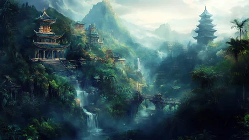 Misty mountain temples overlook waterfalls and a river valley