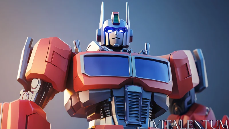 Neon-eyed robot guardian rises in gleaming chrome resolve.