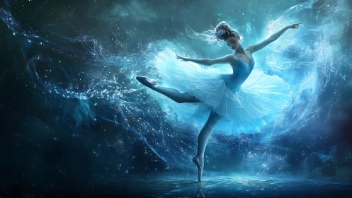 Kinetic starlit ballerina enveloped in fluid luminous vortices.