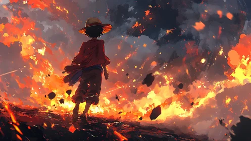 Straw-hatted wanderer stepping boldly through blazing ruins.