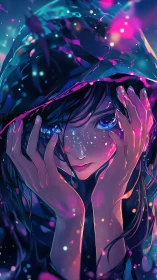 Neon raindrops cradle a starlit gaze beneath the hood