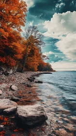 Rock shoreline meets autumn forest under dynamic sky
