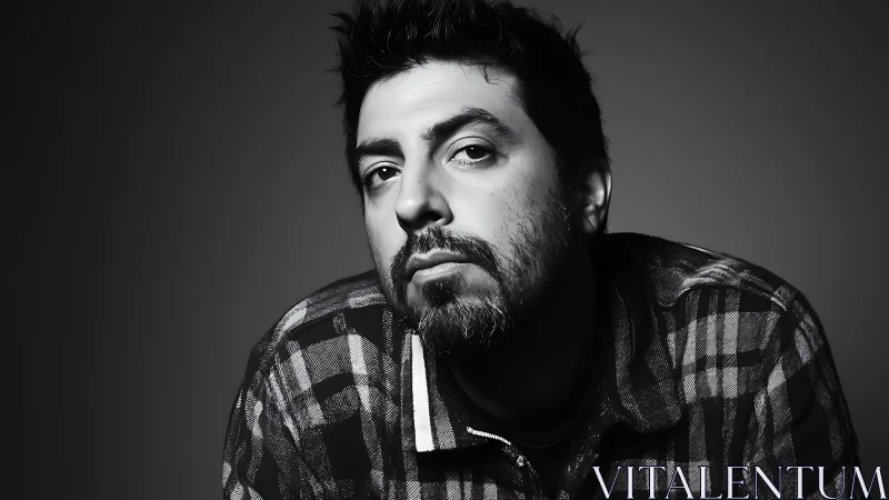 Thoughtful portrait in rich black and white flannel glow.