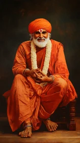 Seated elderly man in saffron robes is portrayed frontally