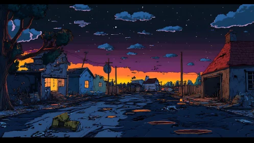 Abandoned suburban street glows under a surreal neon sunset