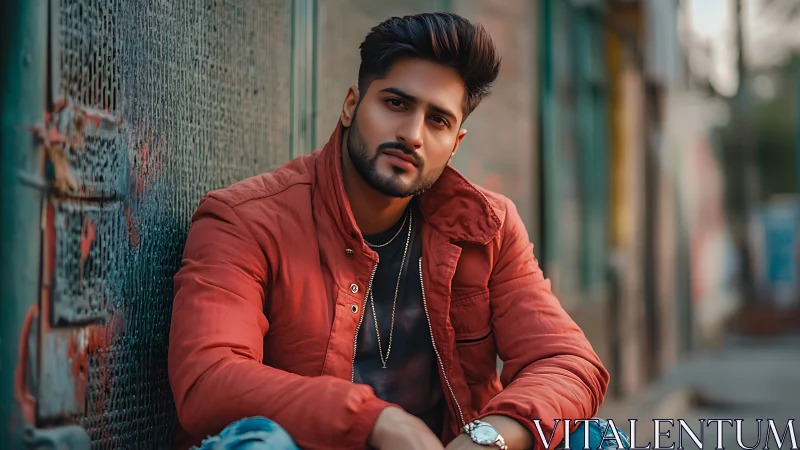 Urban daydreamer in ember jacket beside city alleyway.