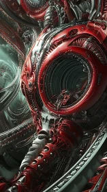 Red biomechanical core inside dense metallic machinery.