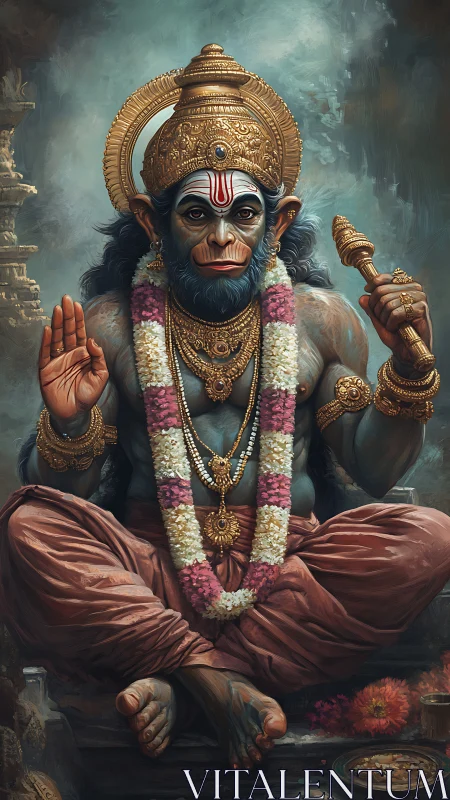 Regal monkey deity resting in calm, jewel toned splendor.