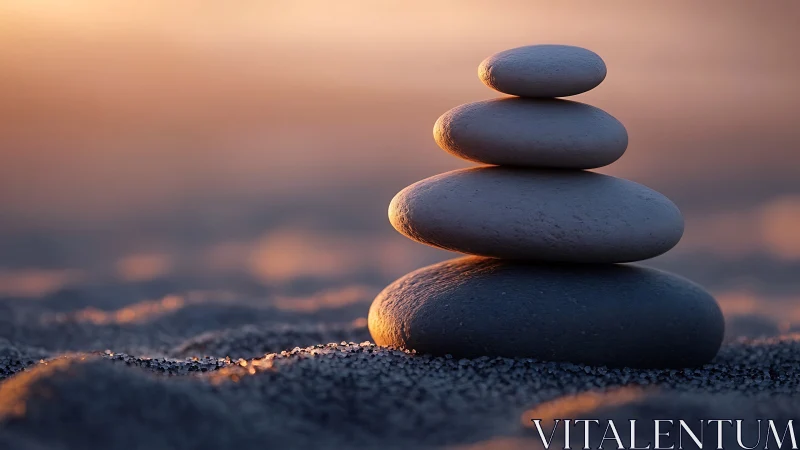 Stacked smooth stones on sand in low warm sunset light.