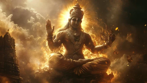 Radiant fire deity in yogic posture amid celestial vortex