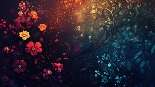 Chromatic Floral Gradient. Digital flowers transition red to cool teal.