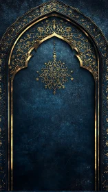Ornate gold arch frames deep blue textured background