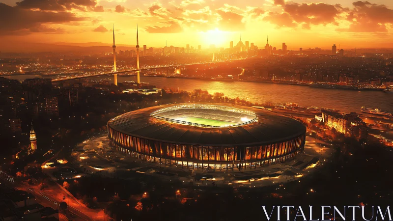 Sunset stadium panorama with luminous riverfront cityscape.