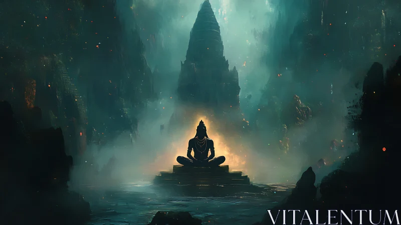 Mystic figure meditates before towering temple in mist.