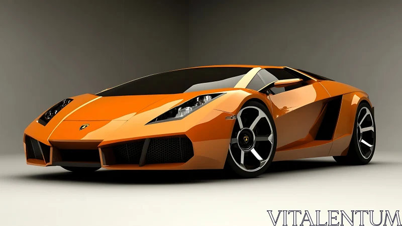 Orange low-angle luxury sports car render on neutral backdrop