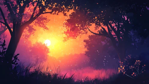 Sunlit ember-forest dreaming in violet and flame twilight.