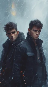 Digital painting of twin men in stormlit urban downpour.