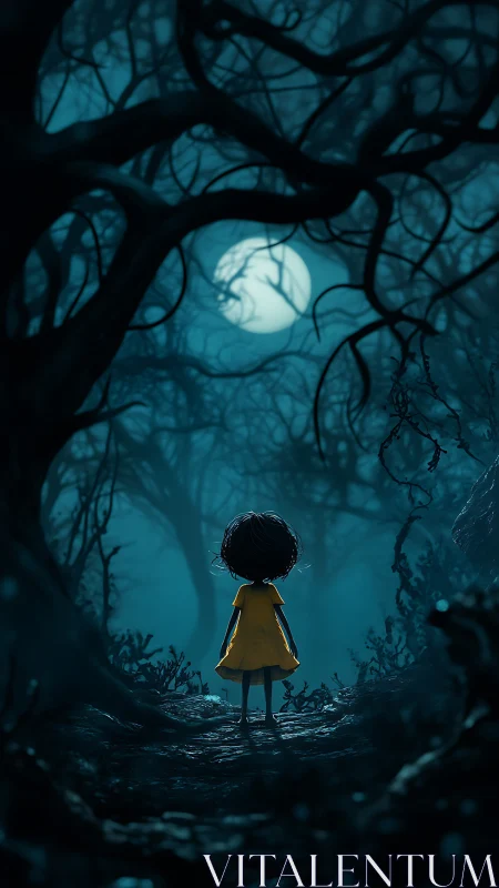 Child in yellow dress under moonlit twisted forest canopy.