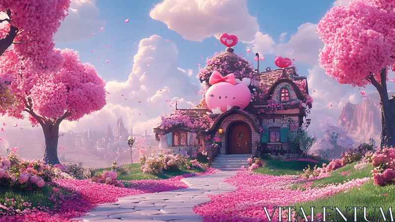 Whimsical kawaii cottage amid volumetric sakura bloomscape.