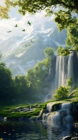 Mountain waterfall and forest pool in calm daylight scene.