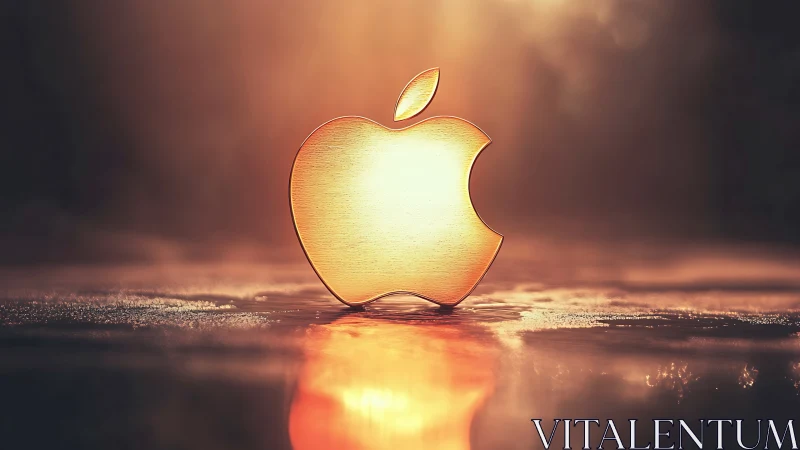 Golden metallic apple emblem in cinematic 3D illumination.
