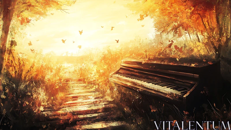 Autumn forest piano glows under golden evening light.