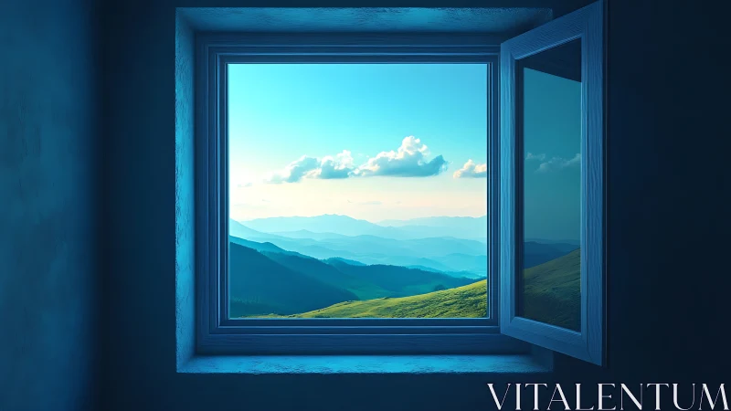 Open window framing sunlit blue mountains and green hills.