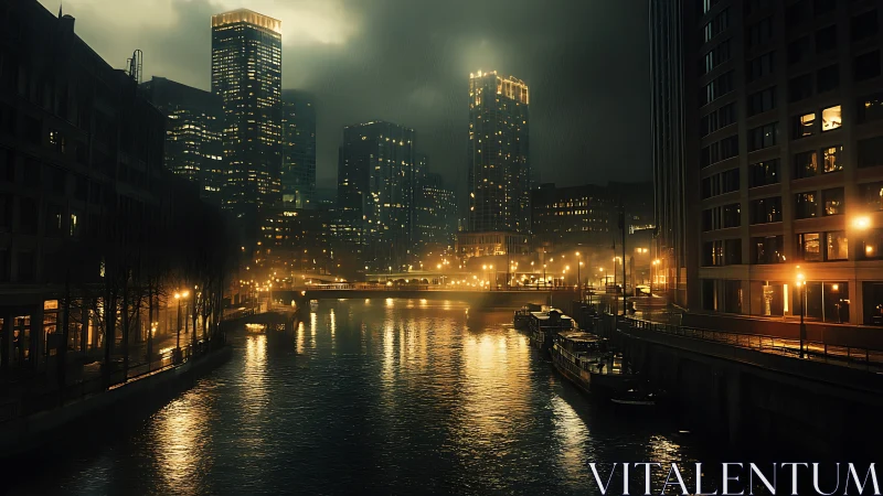 Rain-soaked riverside skyline under cinematic night lighting.