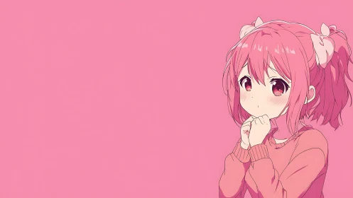 Shy pink haired anime girl against minimal blush backdrop.