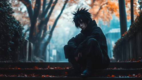 Brooding anime youth on autumn steps in teal-orange glow.