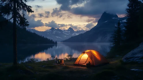 Cozy lakeside tent glowing softly beneath twilight peaks.
