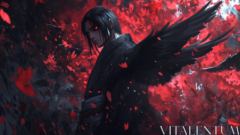 Dark winged anime figure stands amid red falling petals