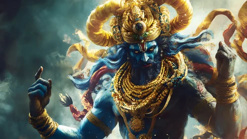 Storm-wreathed blue deity adorned with blazing golden regalia.