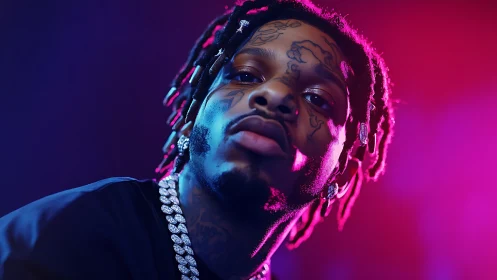 Tattooed rapper portrait under neon magenta blue lights.