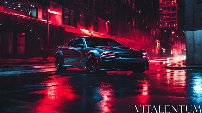 Midnight muscle car glows against neon city rain reflections