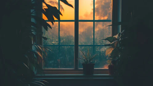 Digital painting of windowlit houseplants in warm sunset glow.