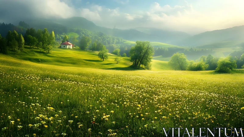 Sunlit wildflower meadow with distant cottage and rolling hills