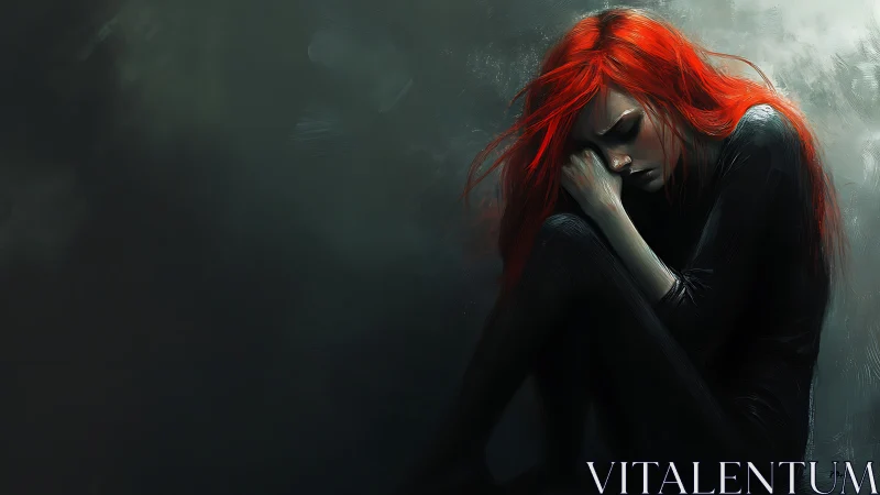 Red haired woman in shadowed corner, digital melancholy study.